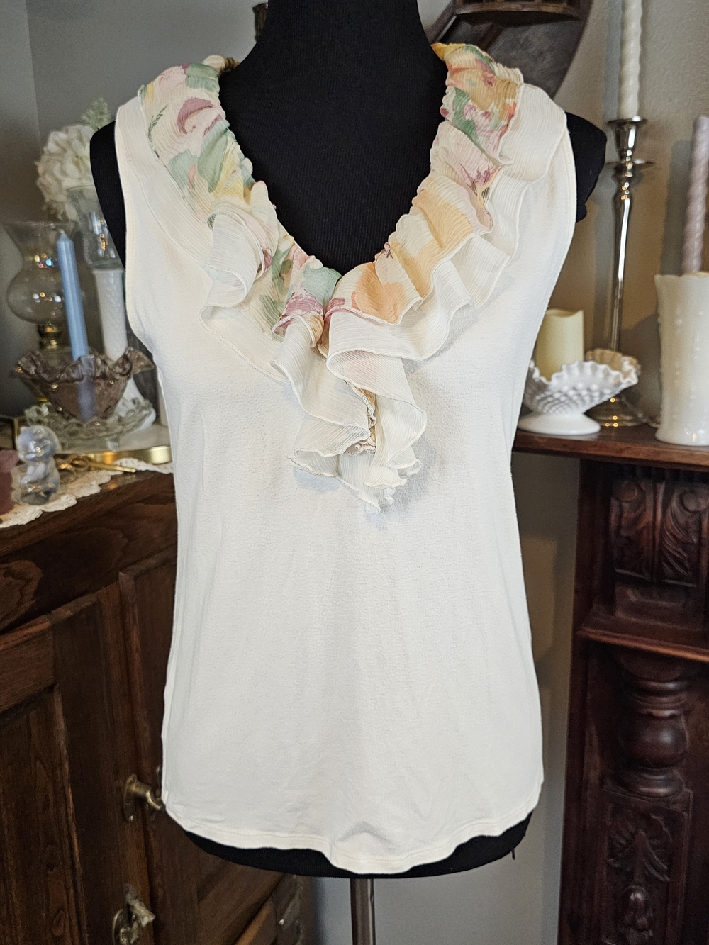 Lauren Ralph Lauren Floral Ruffle Tank Top Ivory Sleeveless Women's L